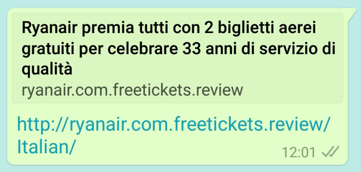 Bufala WhatsApp Regalo Biglietti Ryanair. Fate attenzione - 
