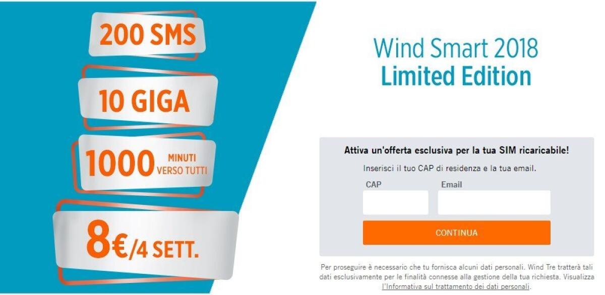 Wind Smart 2018 attivabile da tutti: 1000 minuti, 200 SMS e 10GB a 8 euro/4settimane - 