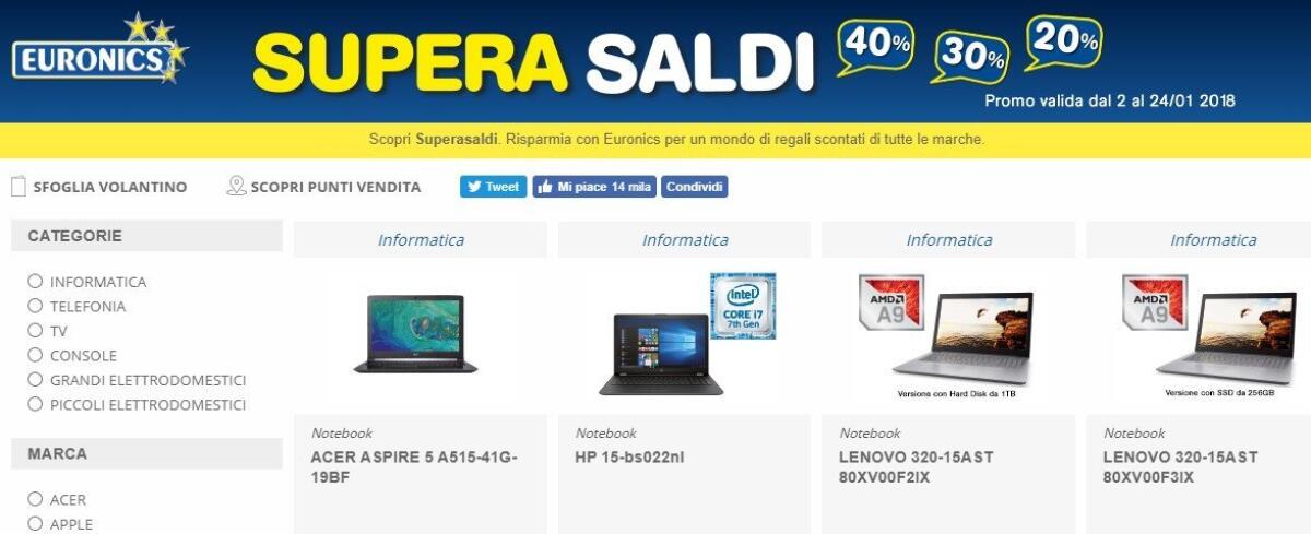 Ritornano i Supera Saldi da Euronics fino al 24 Gennaio 2018 - 