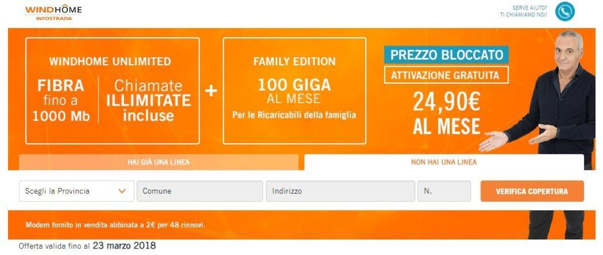 Wind Home Unlimited a 24,90 euro: Illimitato Fibra fino a 1000 Mega e SIM con 100GB - 