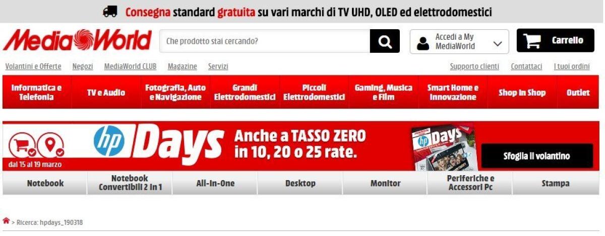 Mediaworld lancia gli HP Days dal 15 al 19 Marzo 2018 con tanti prodotti in sconto - 