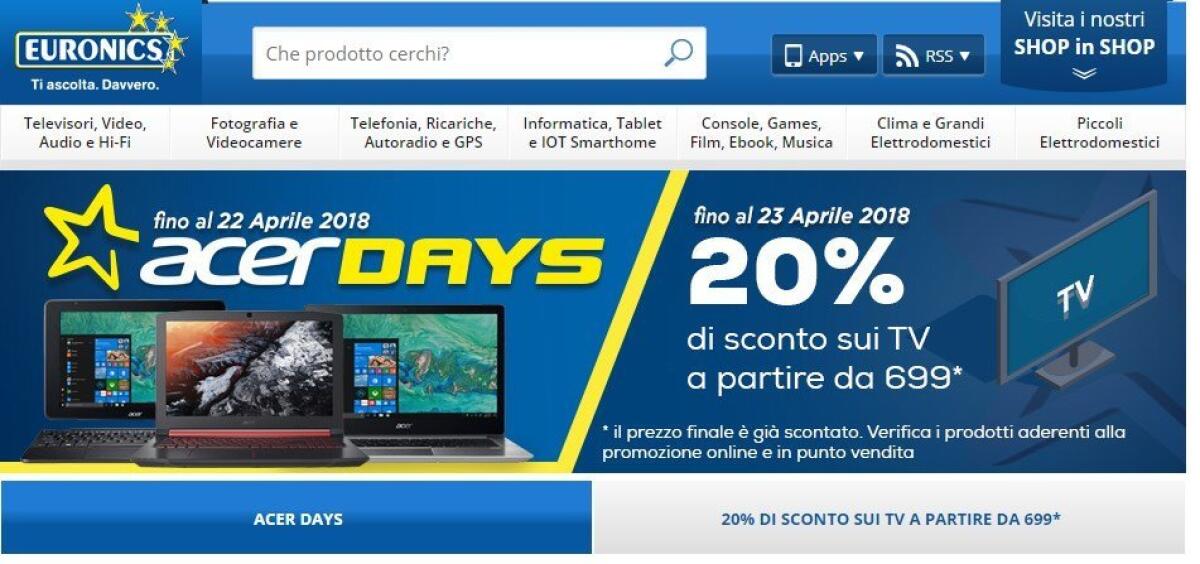 Sul sito di Euronics ci sono gli ACER DAYS fino al 23 Aprile con tanti sconti - 