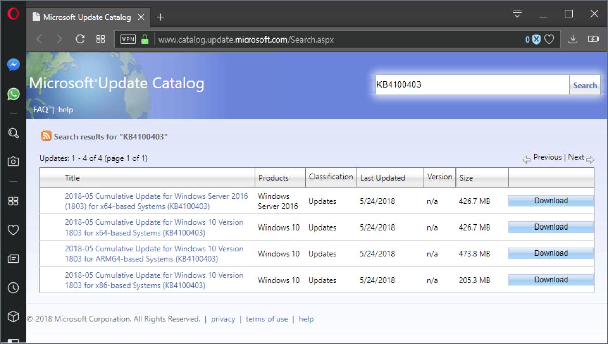 Download Aggiornamento KB4100403 cumulativo per Windows 10 versione 1803 - 