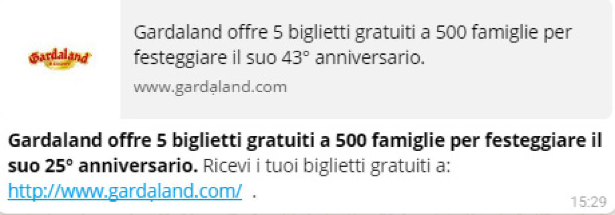 Bufale WhatsApp: Biglietti Gardaland Gratis su WhatsApp - 