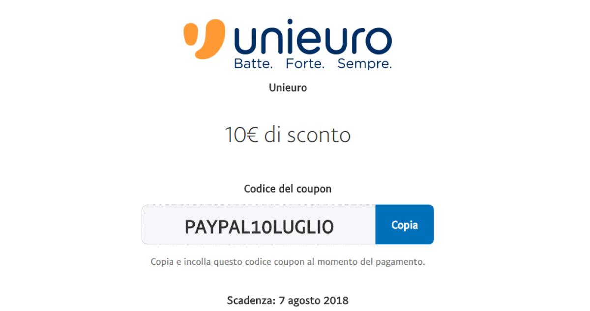 Codice Sconto 10€ su Unieuro se Paghi con Paypal - 