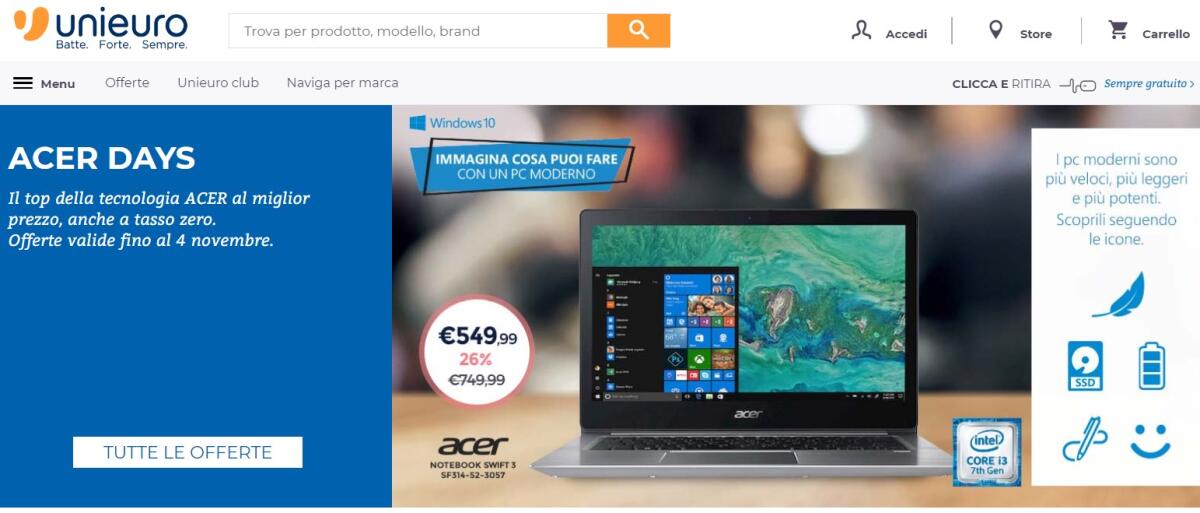 Unieuro lancia gli ACER DAYS con tanti sconti su notebook, desktop ed altro - 