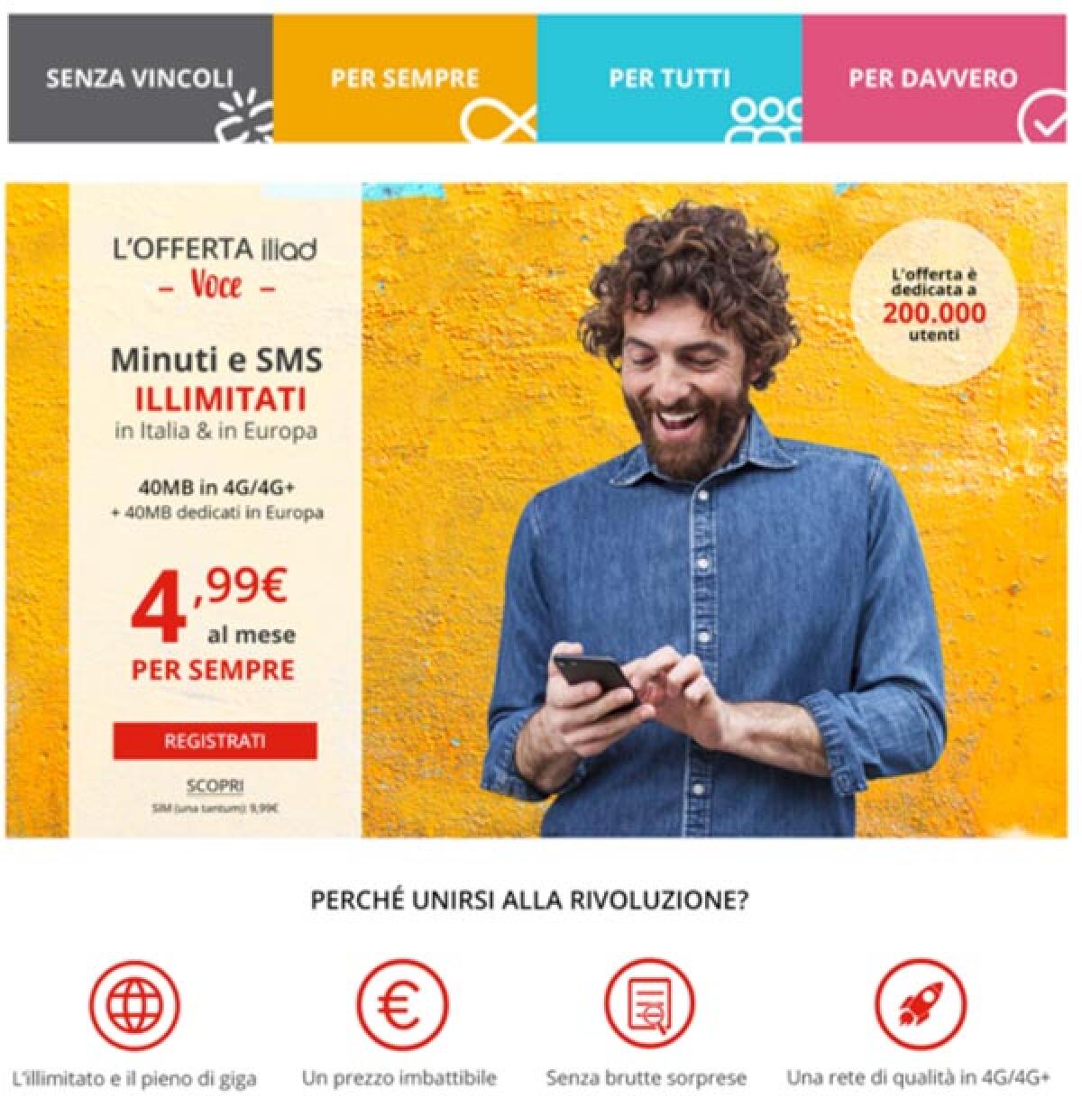 Iliad Voce: 5 Euro per Minuti ed SMS Illimitati in Europa - 