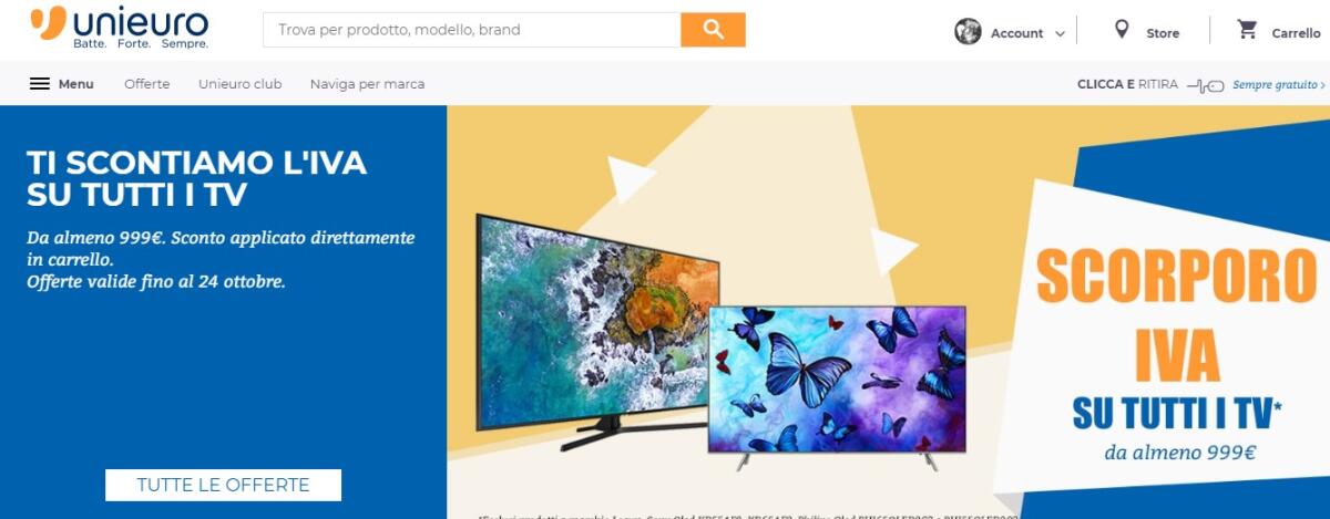 #NOIVA Unieuro su TV ed Elettrodomestici con lo scorporo dell'IVA (-18%) - 