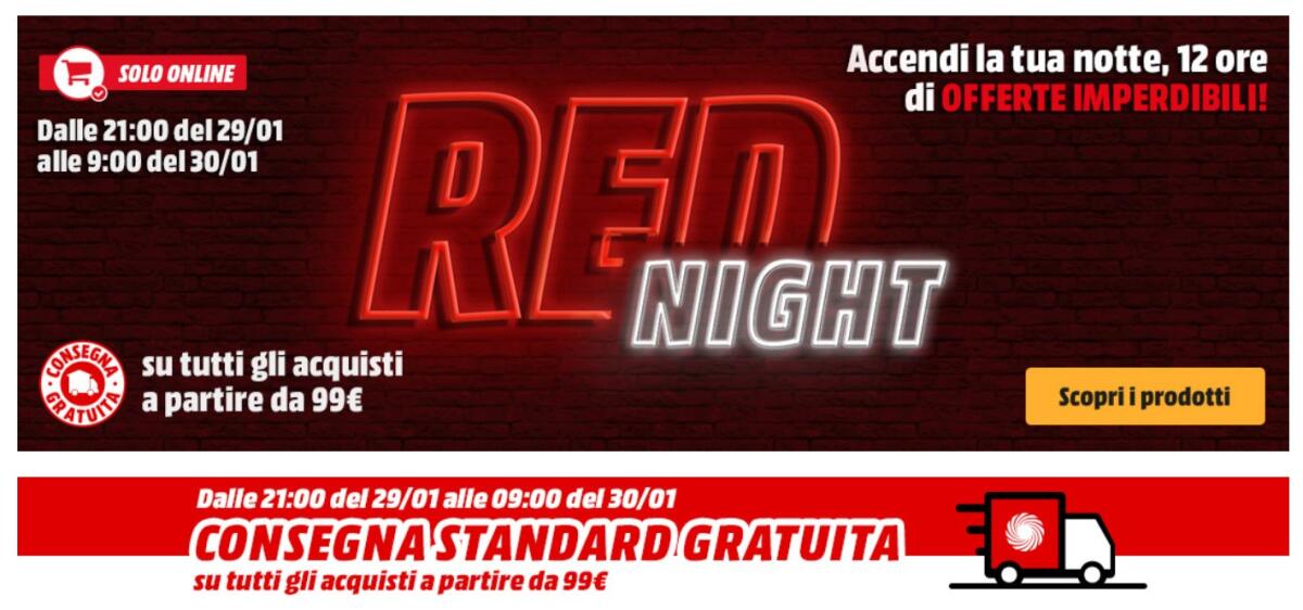 Mediaworld Red Night 29-30 gennaio 2019: 12 ore di super sconti fino al 50% - 