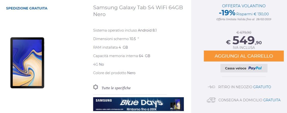 Incredibile Promo: Samsung Galaxy Tab S4 a 232 euro da Unieuro - 