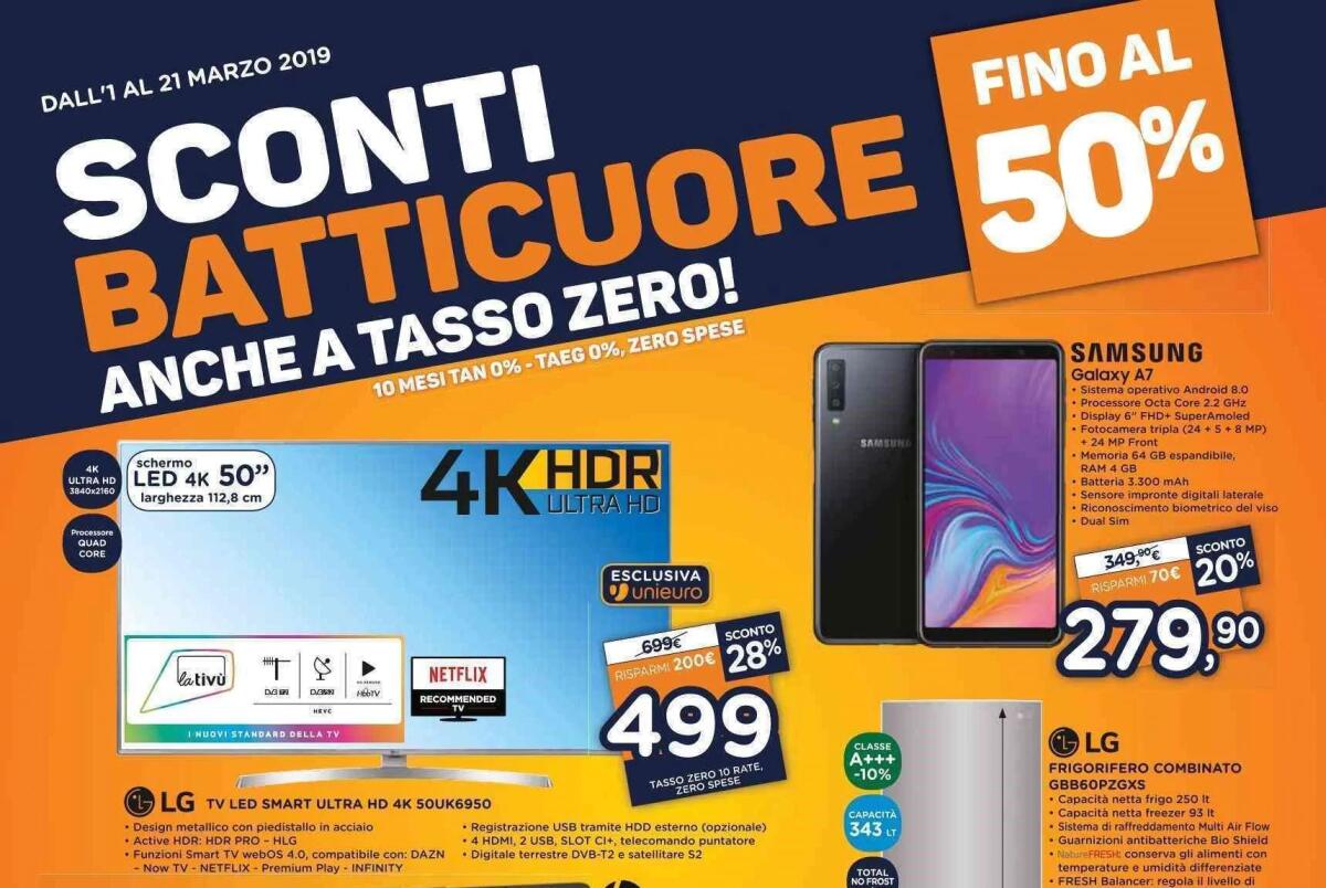 Volantino Unieuro SCONTI BATTICUORE e Tasso 0 [1-21 marzo 2019] - 