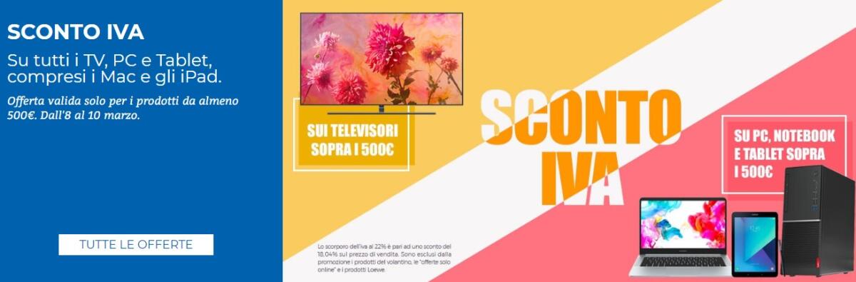 #NOIVA Unieuro su TV, PC e Tablet con lo scorporo dell'IVA (-18%) - 