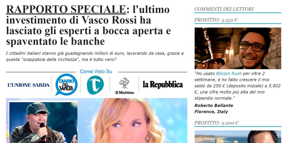 Vasco Rossi non guadagna milioni di euro. Nuova Truffa Bitcoin Rush - 