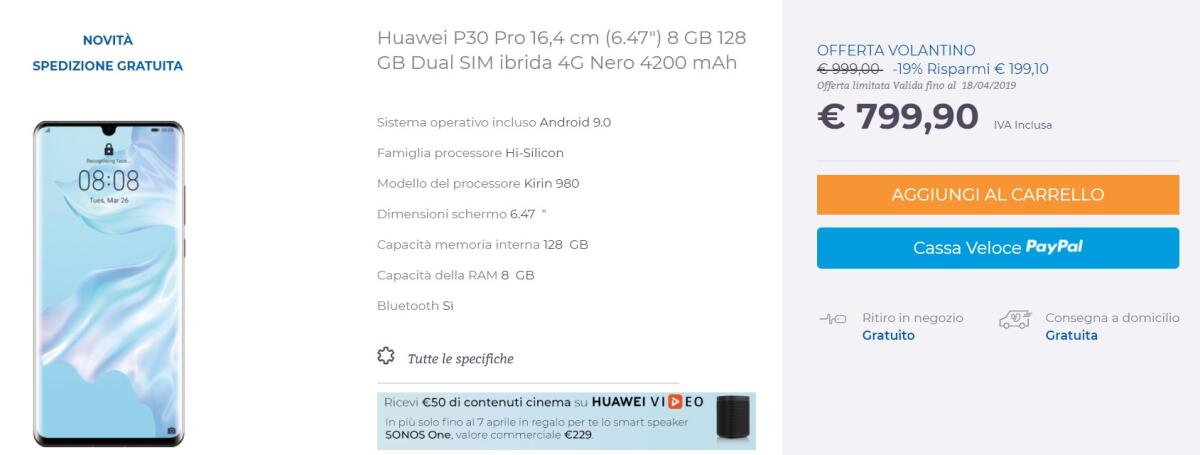 Huawei P30 Pro a 799 euro da Unieuro (-20%) Compratelo subito - 
