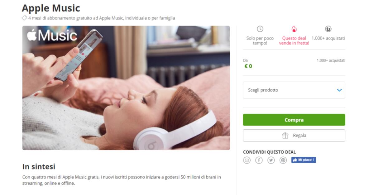 Apple Music GRATIS 4 mesi con Groupon - 