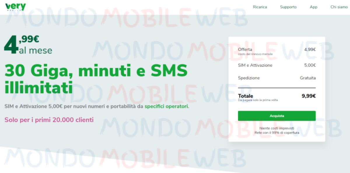 Very Mobile: Minuti e SMS illimitati, 30 Giga a 4,99 euro al mese - 