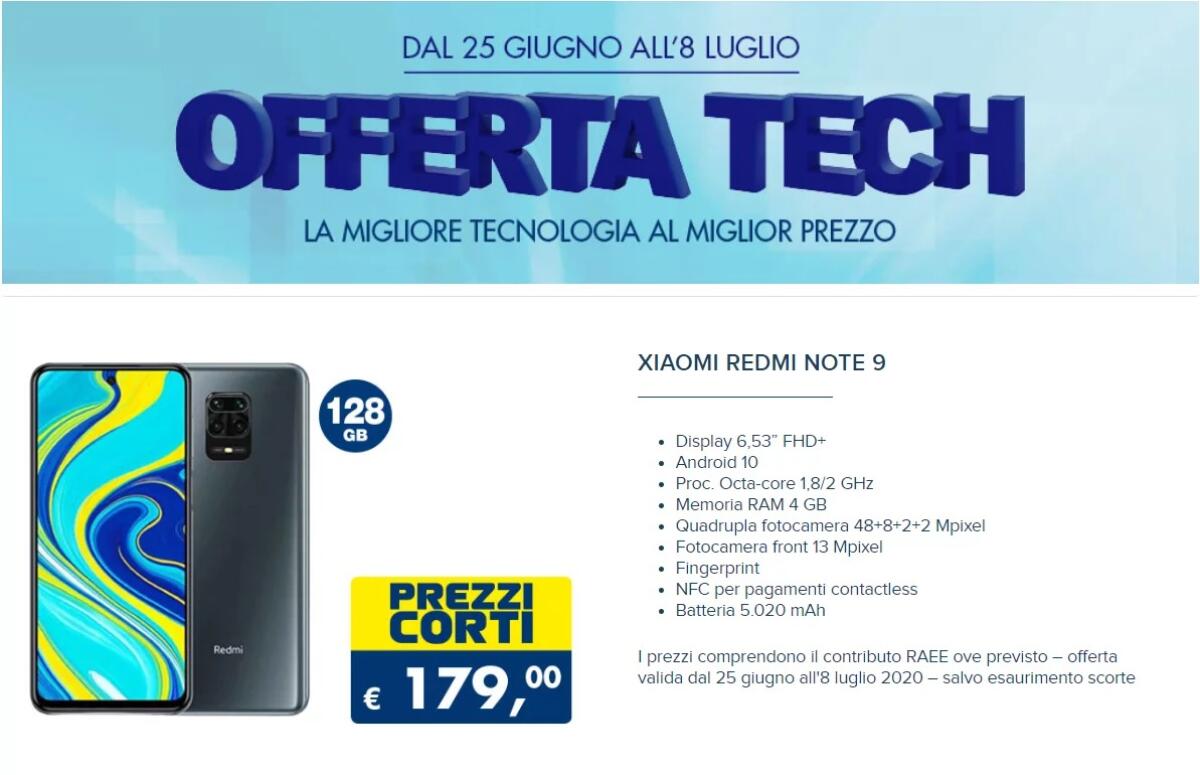 OFFERTA Redmi Note 9 a 179 euro da Esselunga - 