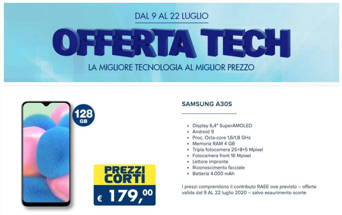 OFFERTA Samsung Galaxy A30S a 179 euro da Esselunga - 