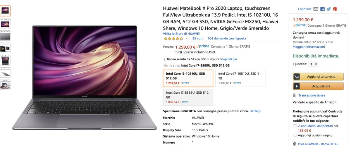 Huawei Matebook X Pro: offerta MINIMO storico su Amazon - 
