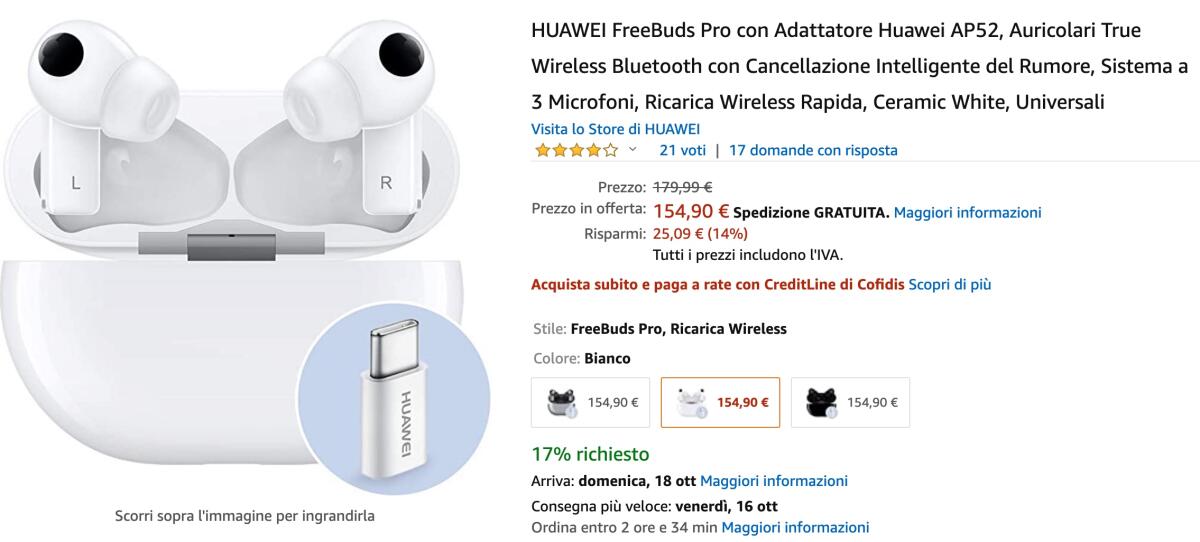 Cuffie Huawei Freebuds Pro in OFFERTA su Amazon [Prime Day 2020] - 