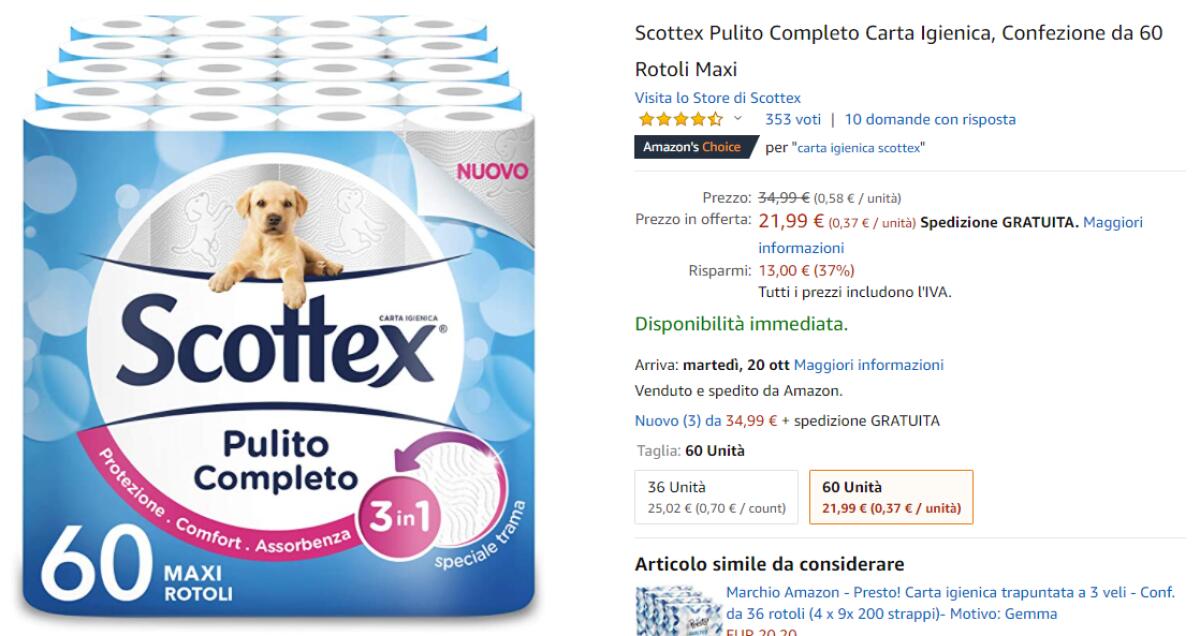 Carta igienica Scottex Pulito Completo in OFFERTA su Amazon [Prime Day 2020] - 