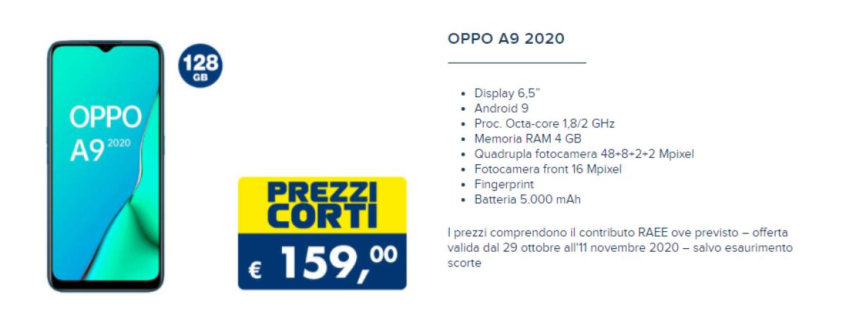 OFFERTA OPPO A9 2020 a 159 euro da Esselunga - 