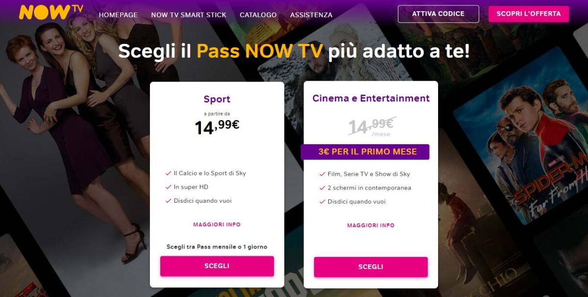 Come avere Now TV Cinema e Intrattenimento a soli 3€ - 