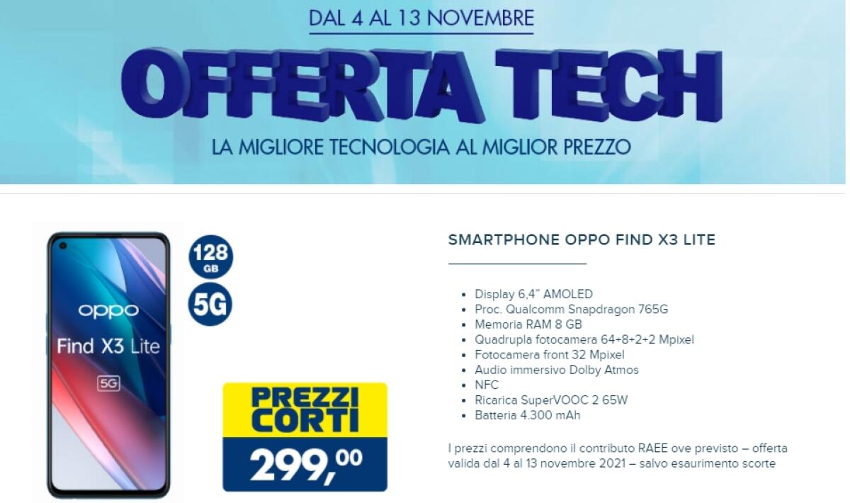 OFFERTA OPPO Find X3 Lite a 299 euro da Esselunga - 