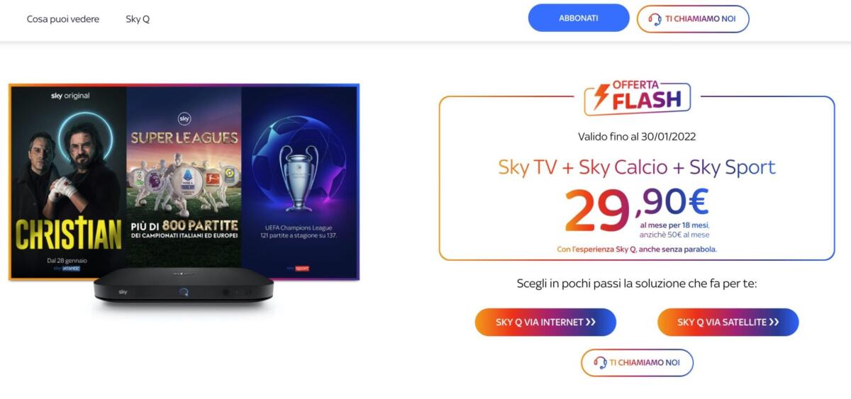 Super offerta Sky: Sky TV + Sky Calcio + Sky Sport a 29,90€ al mese per 18 mesi anziché 50€ - 