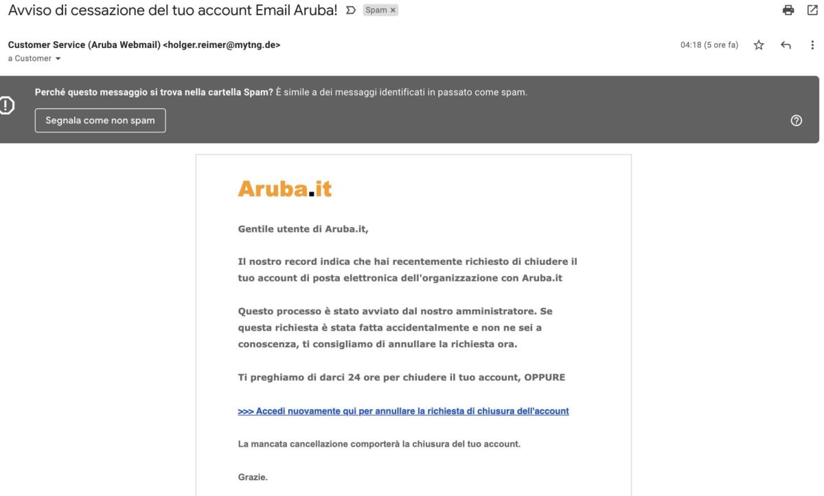 Avviso di cessazione del tuo account Email Aruba - TRUFFA - 