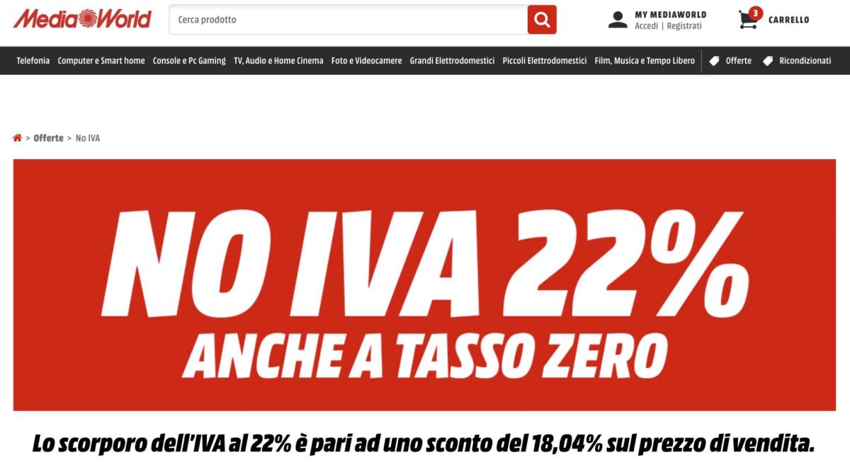 NO IVA Mediaworld da venerdi 21 a domenica 23 Ottobre 2022 - 
