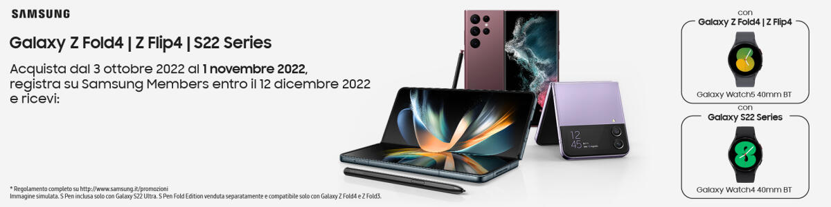 Compra Galaxy S22/S22+/S22 Ultra: 350 euro di sconto + Watch 4 in regalo - 