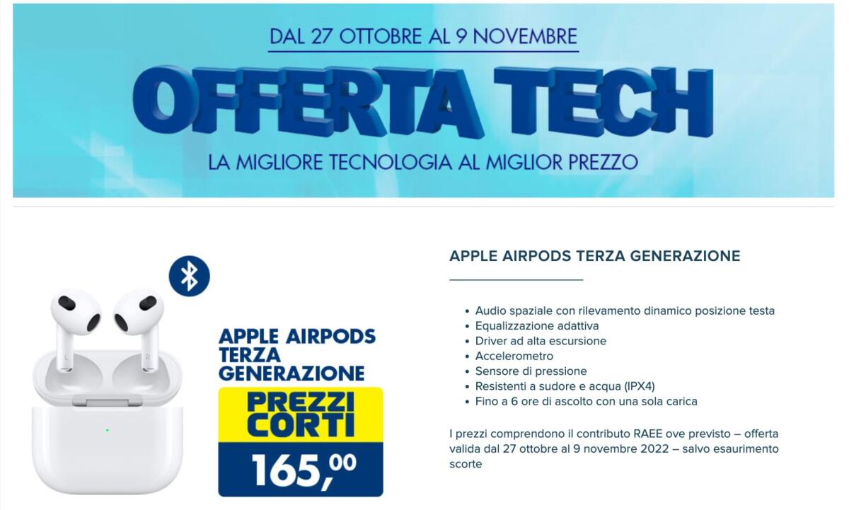 Le cuffie Apple AirPods 3 sono in OFFERTA da Esselunga a 165 euro - 