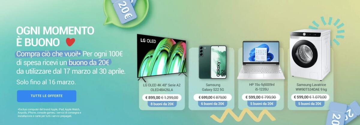 Unieuro regala buono da 20 euro ogni 100 euro spesi - 