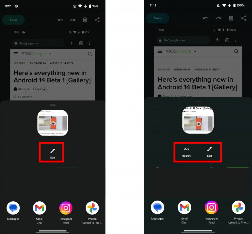 A sinistra: Android 14 DP2. A destra: Android 14 Beta 1. Fonte: 9TO5Google