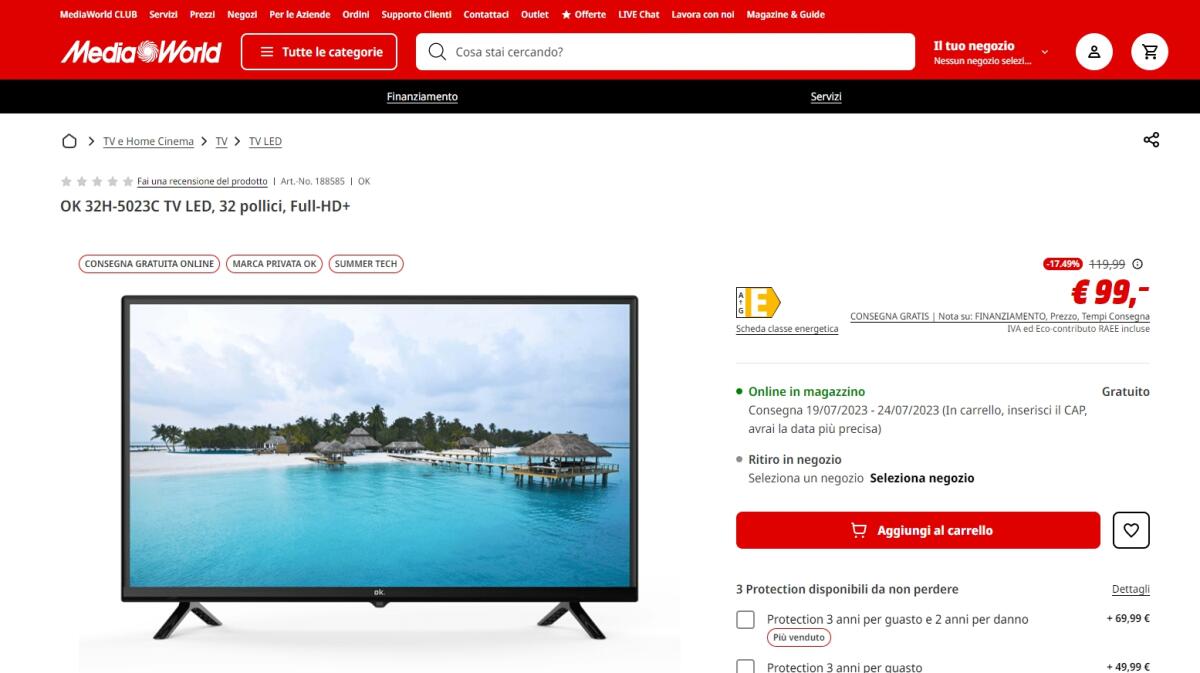 Da MediaWorld puoi comprare una TV da 32 pollici a 99 euro - 