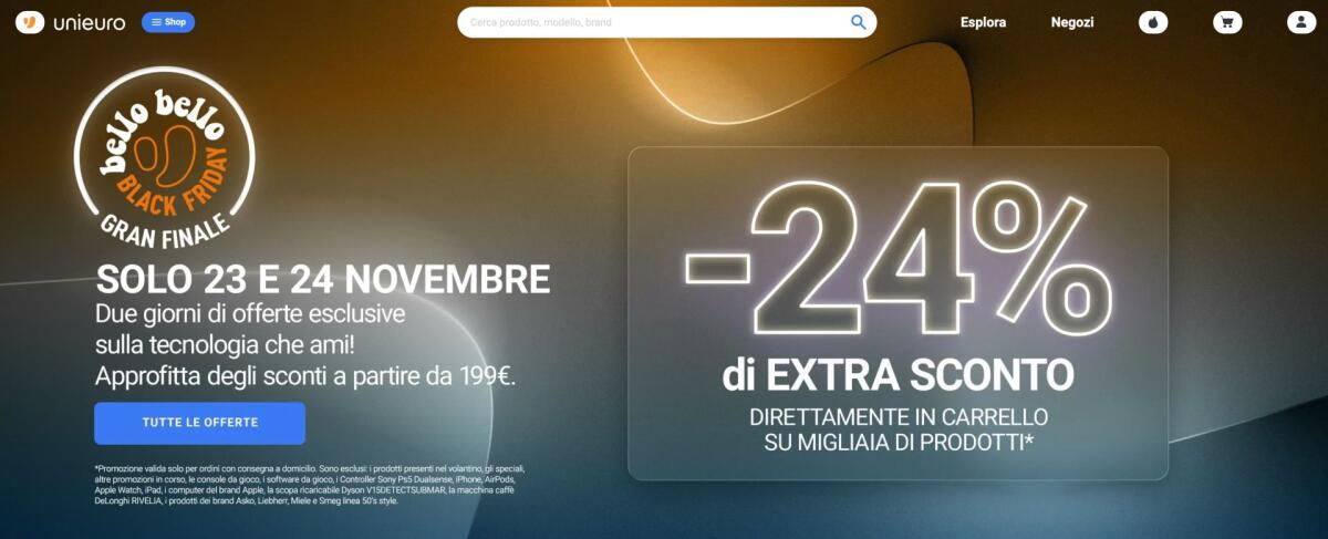 Unieuro sconto 24% a carrello solo il 23 e 24 Novembre 2023 - 