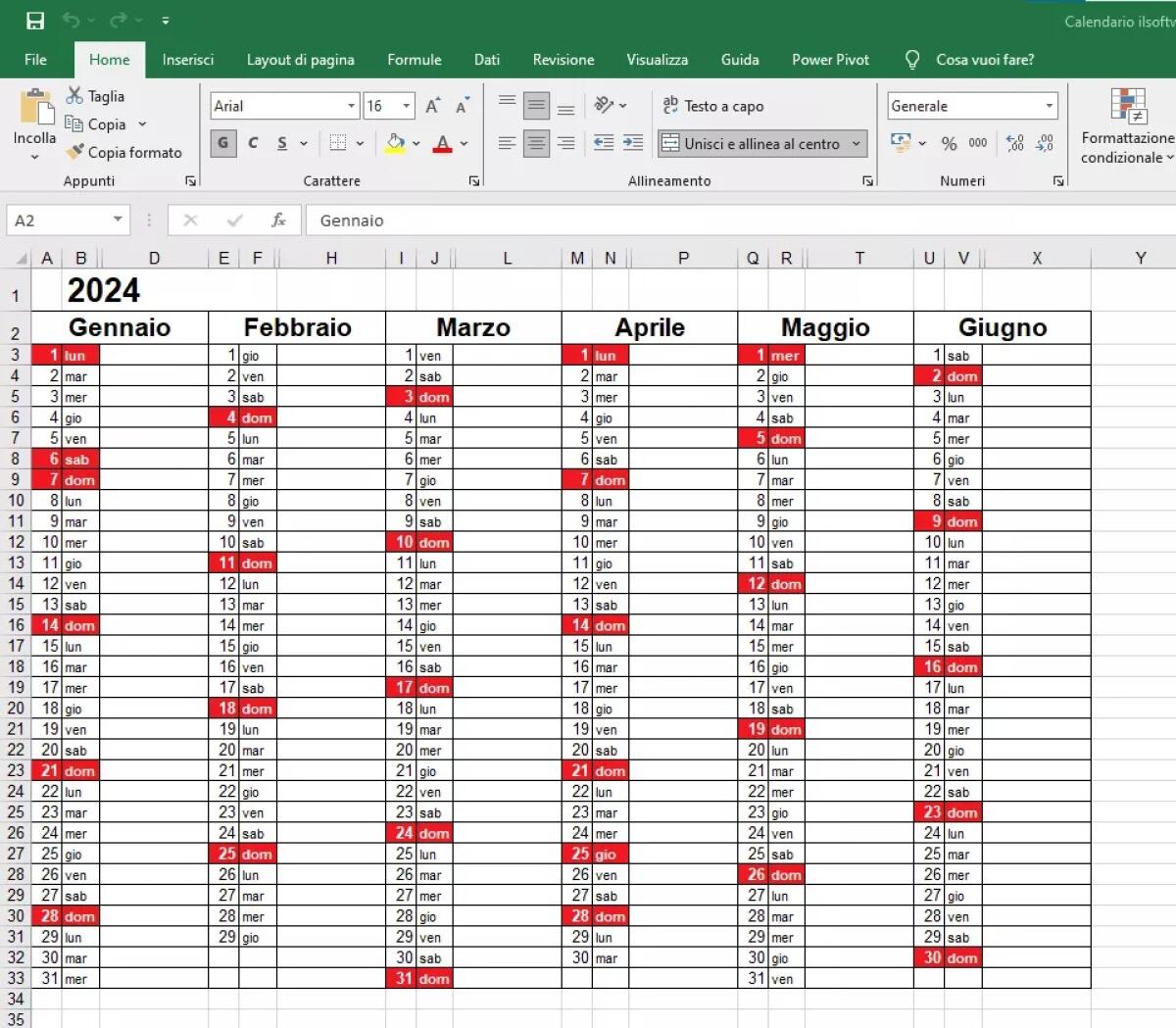 Scarica il Calendario 2024 in formato Excel con le festività italiane - 