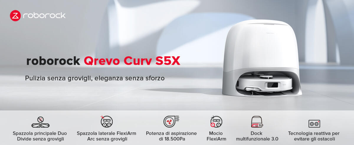 Il robot aspirapolvere Roborock Qrevo Curv S5X è in SUPER OFFERTA SCONTO al MINIMO su Amazon - 