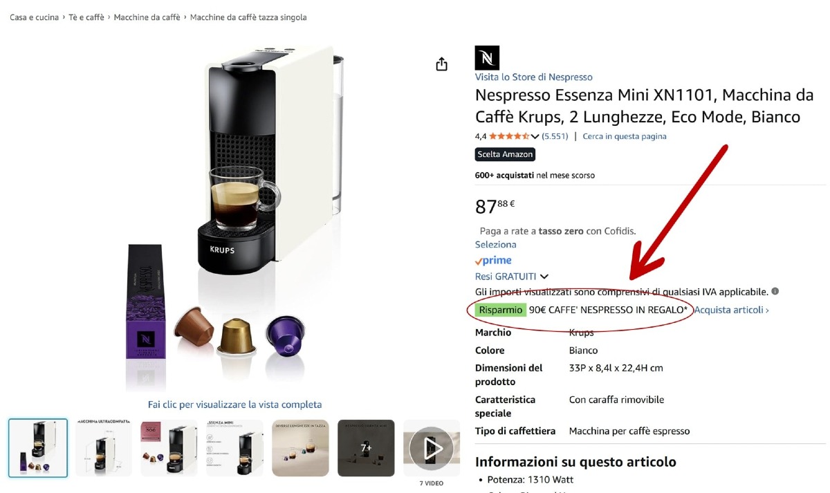 Nespresso Essenza Mini: 90€ caffè gratis su Amazon - 